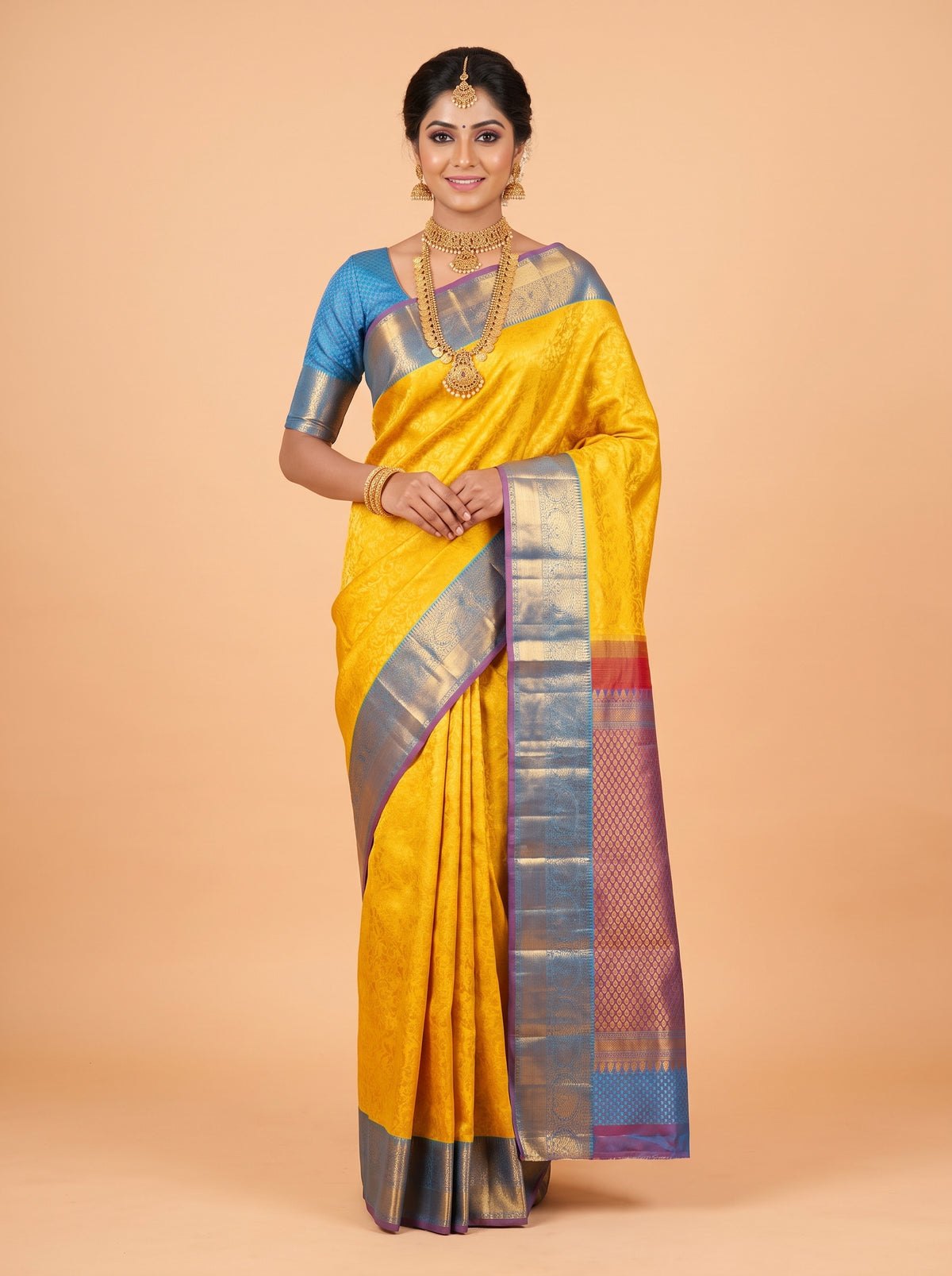 Yellow Kanchipuram Saree with Paisley and Floral Gold Zari Border