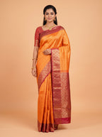 Yellow Kanchipuram Saree with Maroon Contrast Feather Motif Border