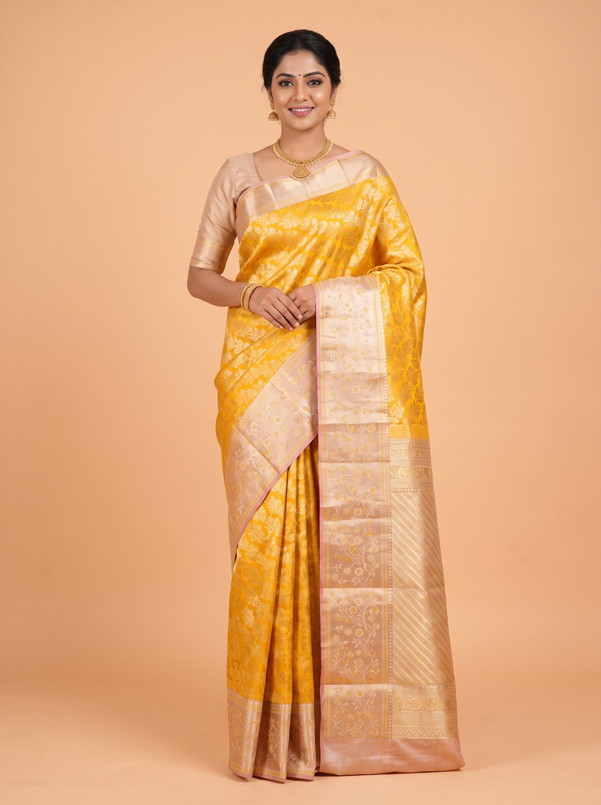 Yellow Kanchipuram Saree with Floral Vine Zari Border
