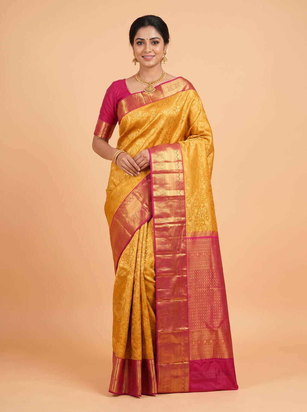 Yellow Kanchipuram Saree with Paisley and Temple Zari Border