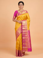 Yellow Kanchipuram Saree with Peacock and Temple-Arch Zari Border
