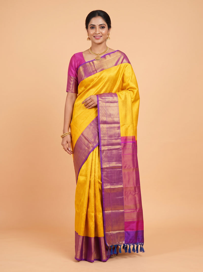 Yellow Kanchipuram Saree with Dense Geometric Gold Zari Border