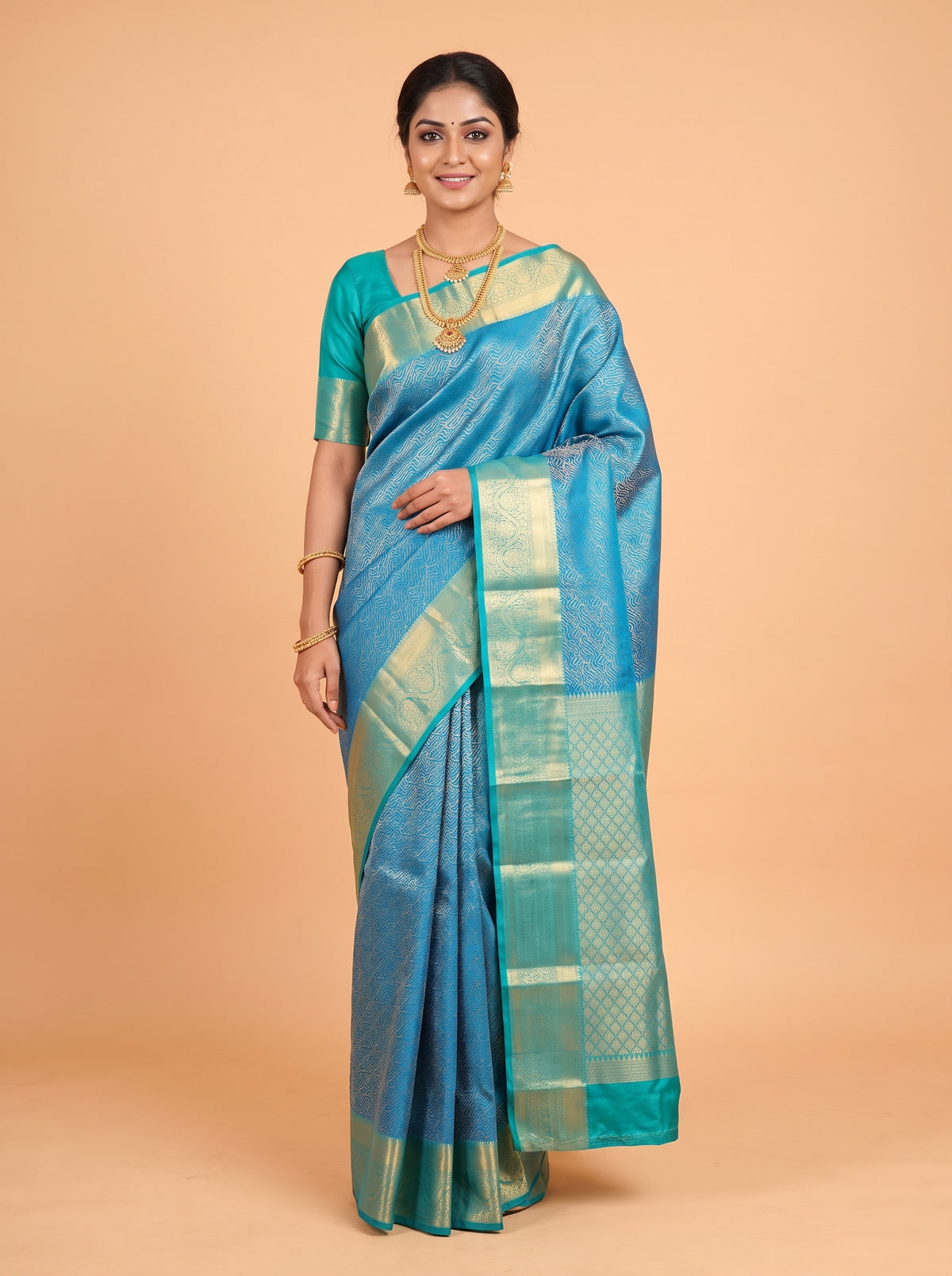 Blue Kanchivaram Saree with Geometric Diamond Zari Border