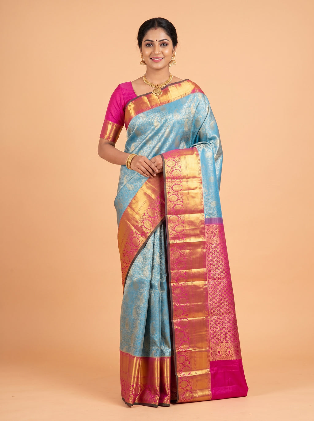 Blue Kanchivaram Saree with Floral Brocade Zari Border