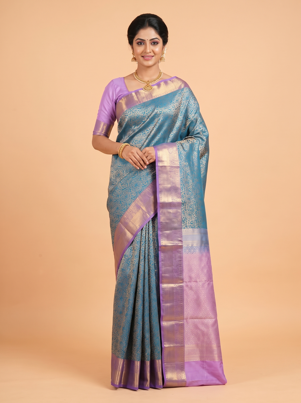 Blue Kanchivaram Saree with Floral Motif Brocade Border