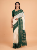 White Semi Georgette Saree with Green Gold Zari Border