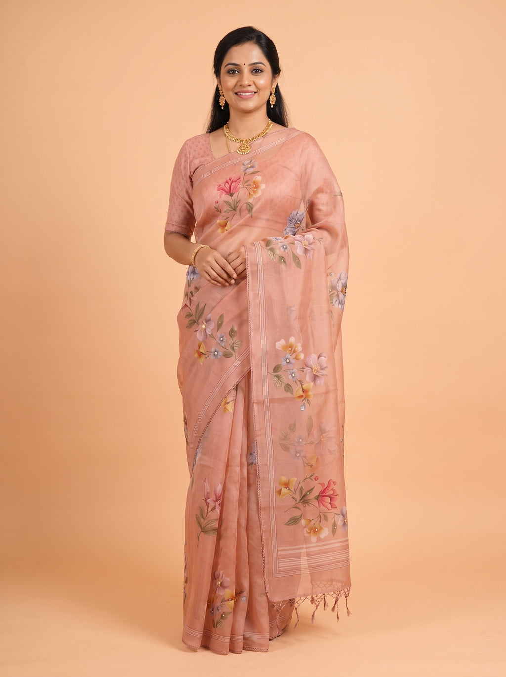 Onion Pink Organza Saree with Floral Print and Lace Trim