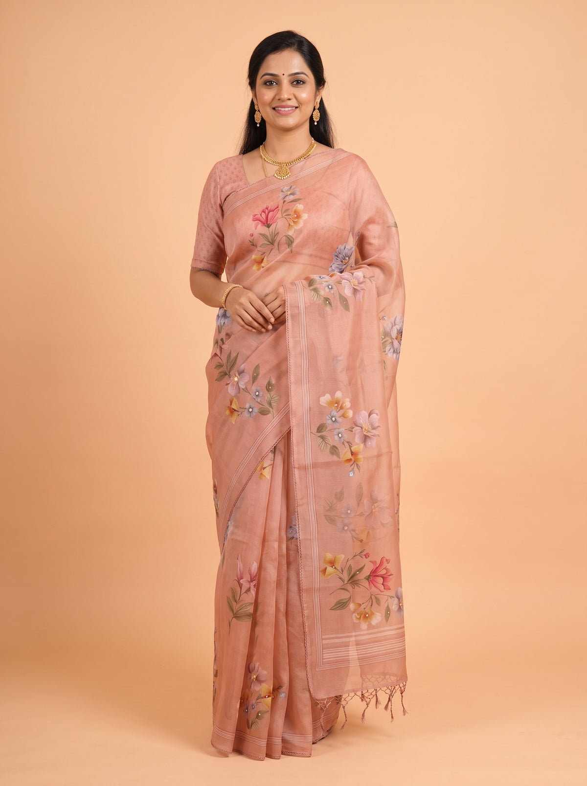 Onion Pink Organza Saree with Floral Print and Lace Trim