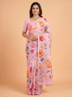 Baby Pink Organza Saree with Floral Print and Picot Trim
