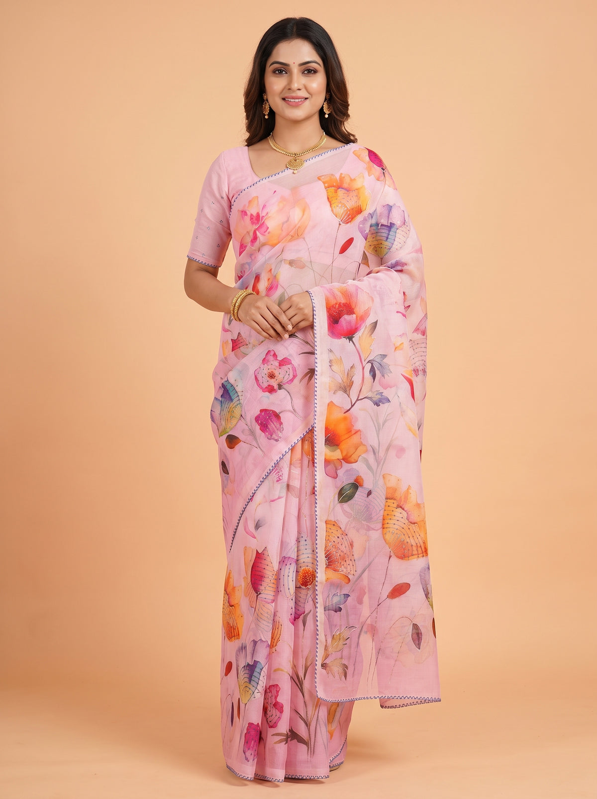 Baby Pink Organza Saree with Floral Print and Picot Trim