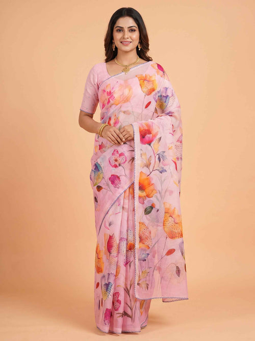 Baby Pink Organza Saree with Floral Print and Picot Trim