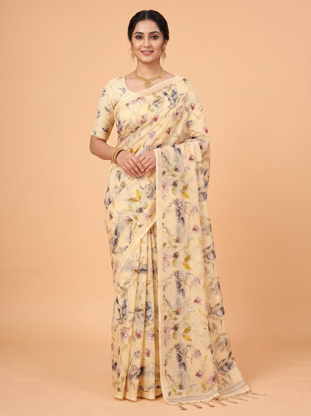 Cream Organza Saree with Bird and Botanical Print