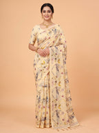 Cream Organza Saree with Bird and Botanical Print