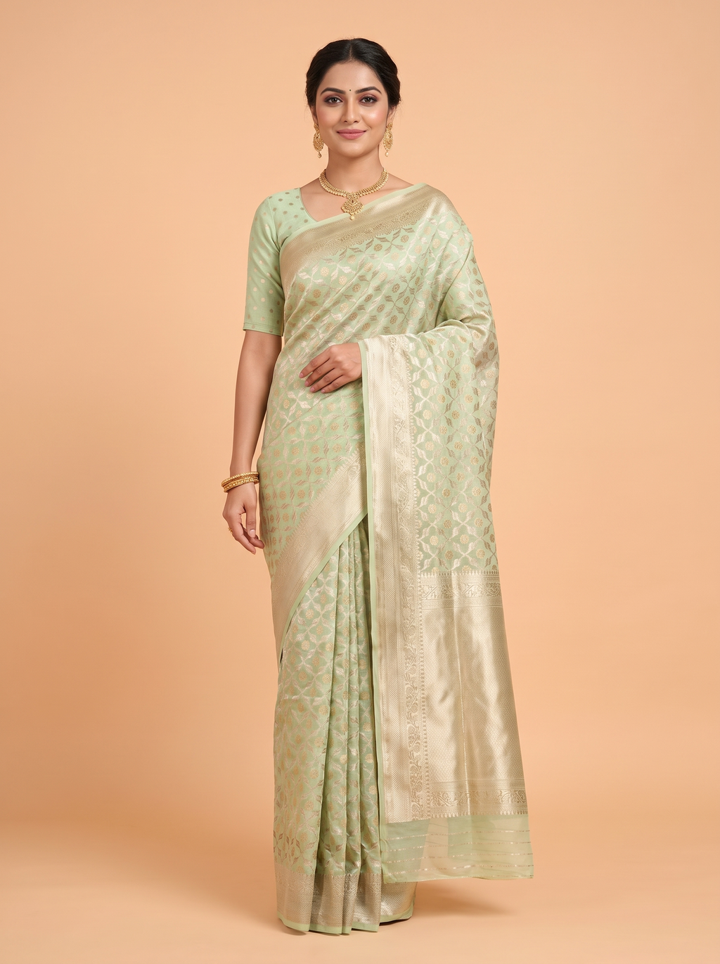 Pista Green Organza Saree with Floral Jaal Zari Border
