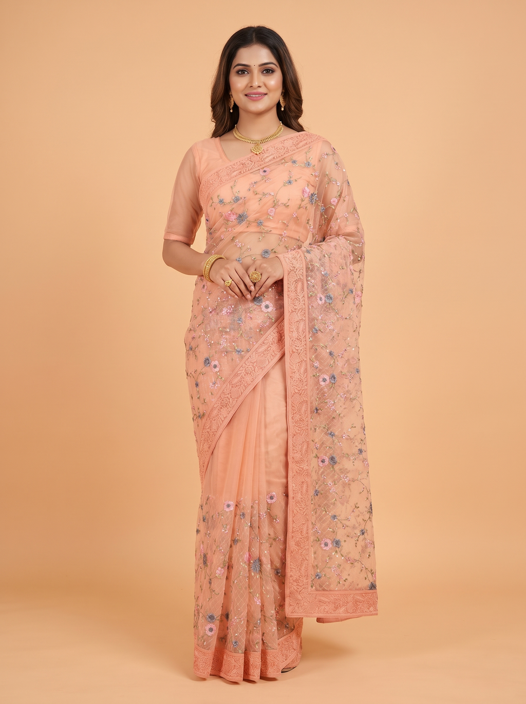 Pink Organza Saree with Embroidered Floral Lace Mesh Border
