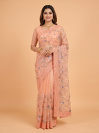 Pink Organza Saree with Embroidered Floral Lace Mesh Border