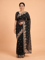 Black Organza Saree with Floral Embroidered Wavy Border