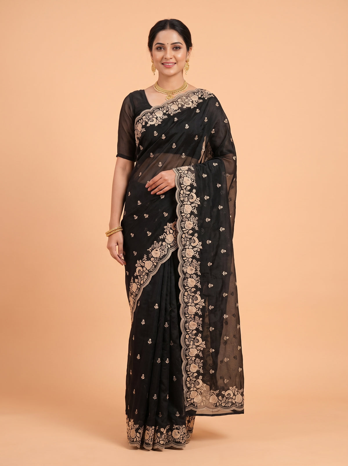 Black Organza Saree with Floral Embroidered Wavy Border