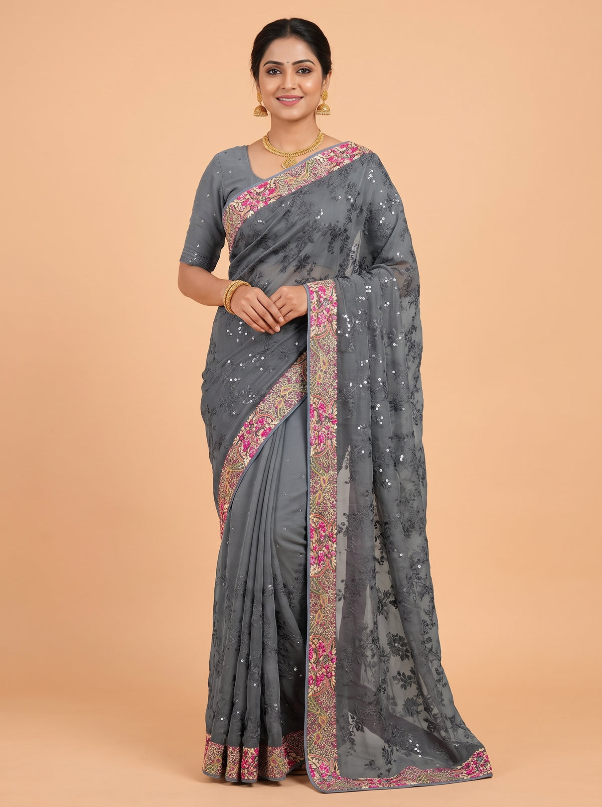 Grey Organza Saree with Kashmiri Floral Embroidered Border