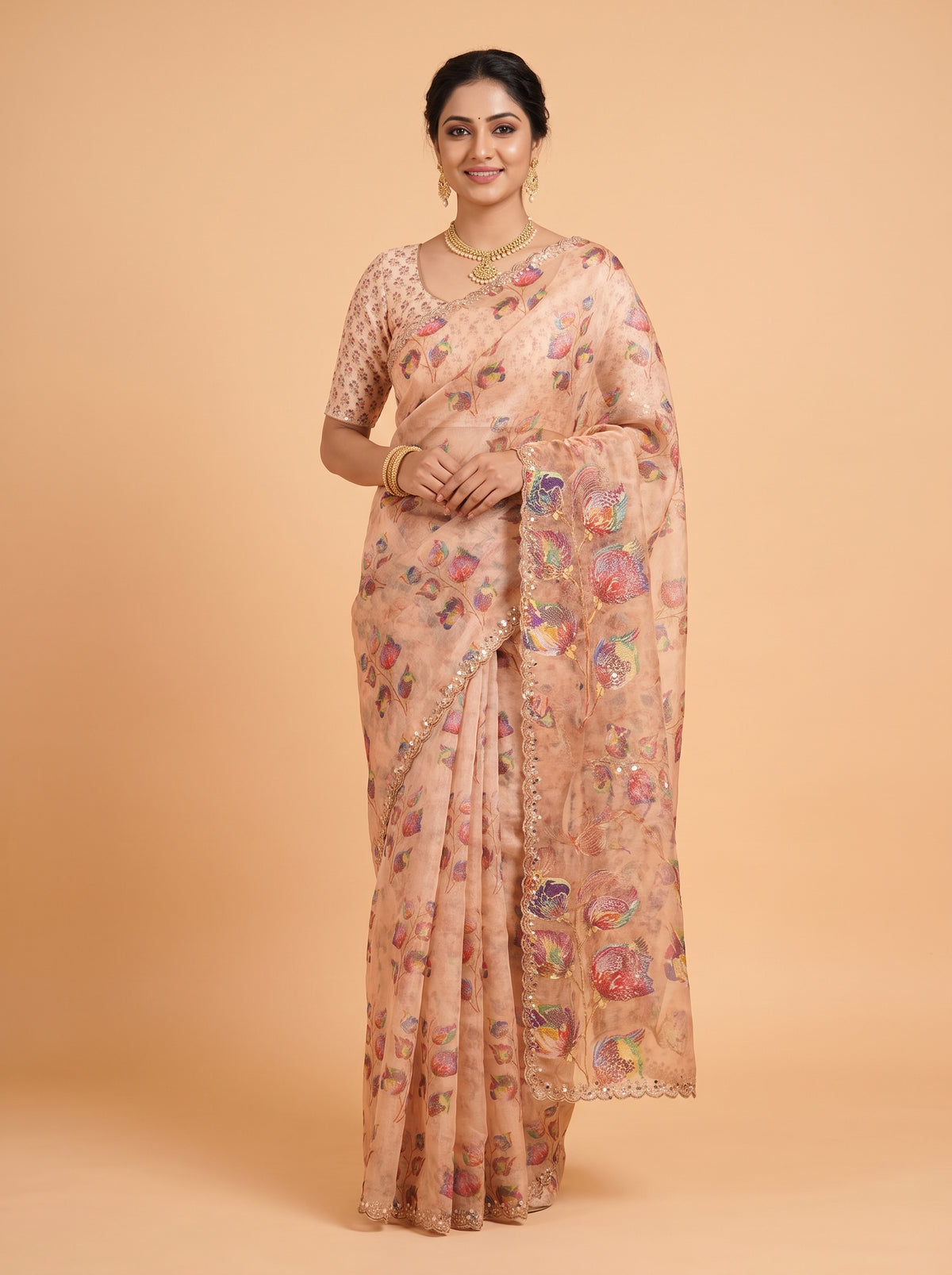Cream Organza Saree with Cutwork Metallic Border