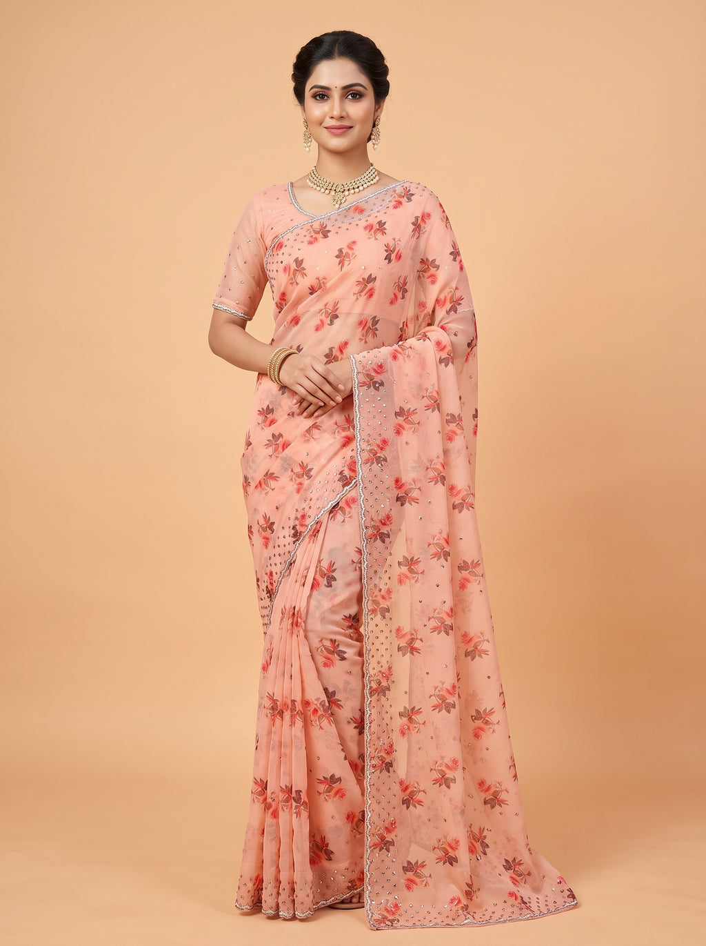 Baby Pink Organza Saree with Floral Print and Cutwork Border