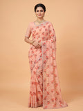 Baby Pink Organza Saree with Floral Print and Cutwork Border