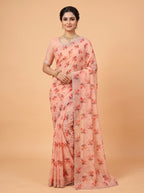 Baby Pink Organza Saree with Floral Print and Cutwork Border