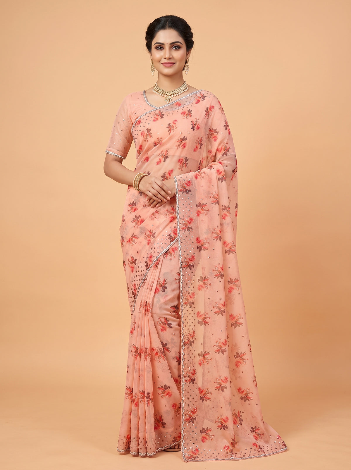 Baby Pink Organza Saree with Floral Print and Cutwork Border