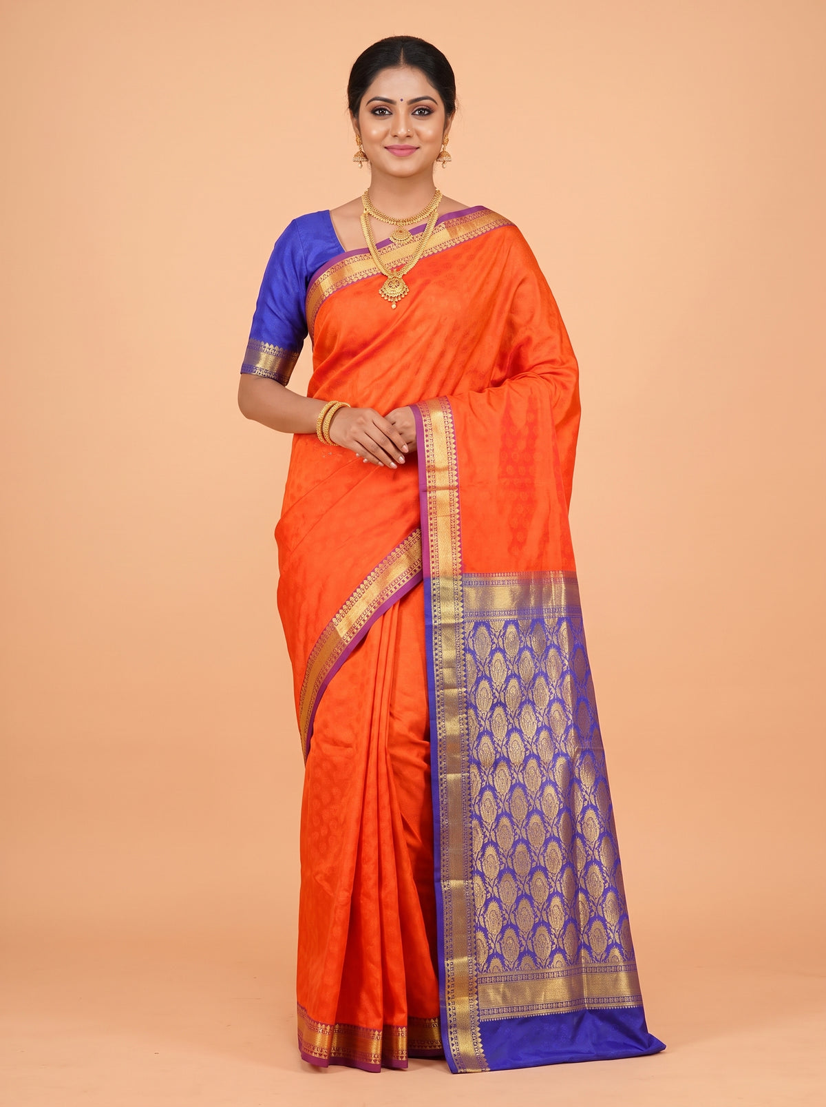 Red Semi Silk Saree with Floral Paisley Temple Motifs