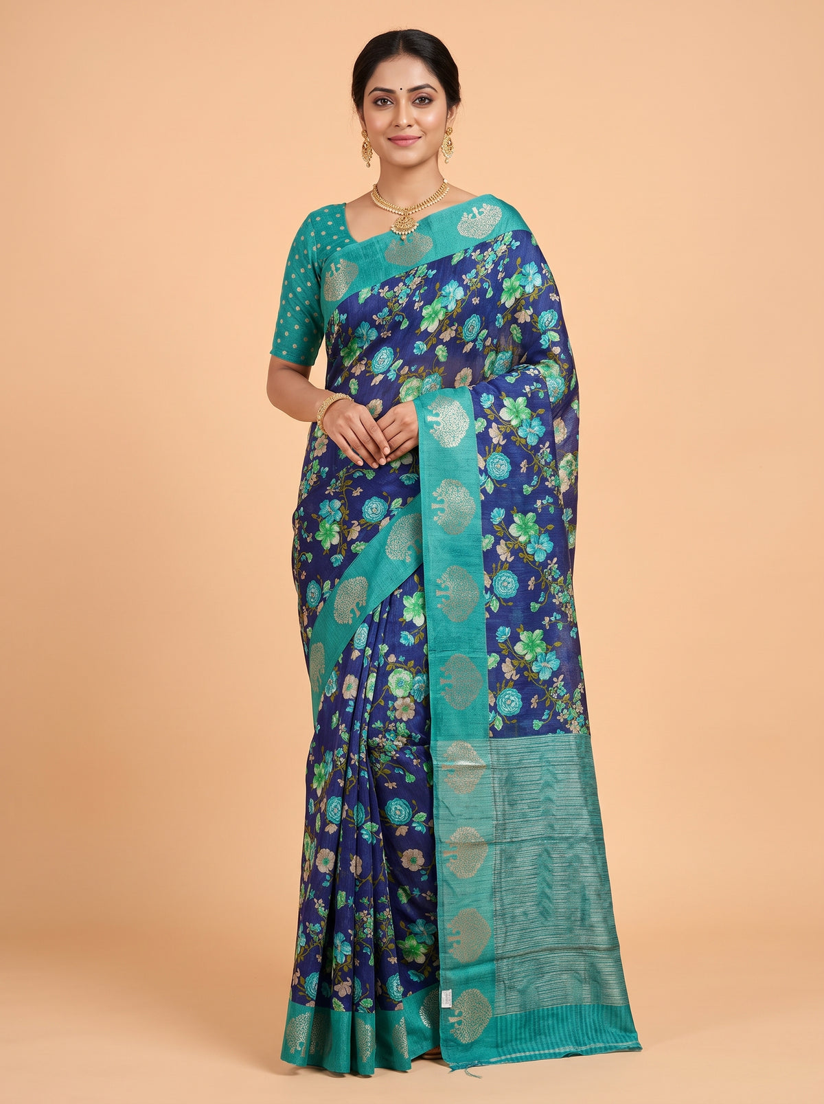 Ink Blue Tissue Crepe Fancy Saree with Floral Print with Golden Butti Motifs