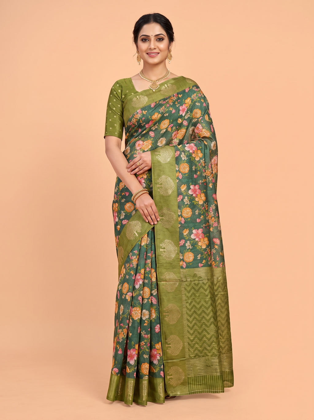 Bottle Green Tissue Crepe Fancy Saree with Floral Print and Metallic Border