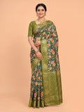 Bottle Green Tissue Crepe Fancy Saree with Floral Print and Metallic Border