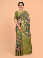Bottle Green Tissue Crepe Fancy Saree with Floral Print and Metallic Border