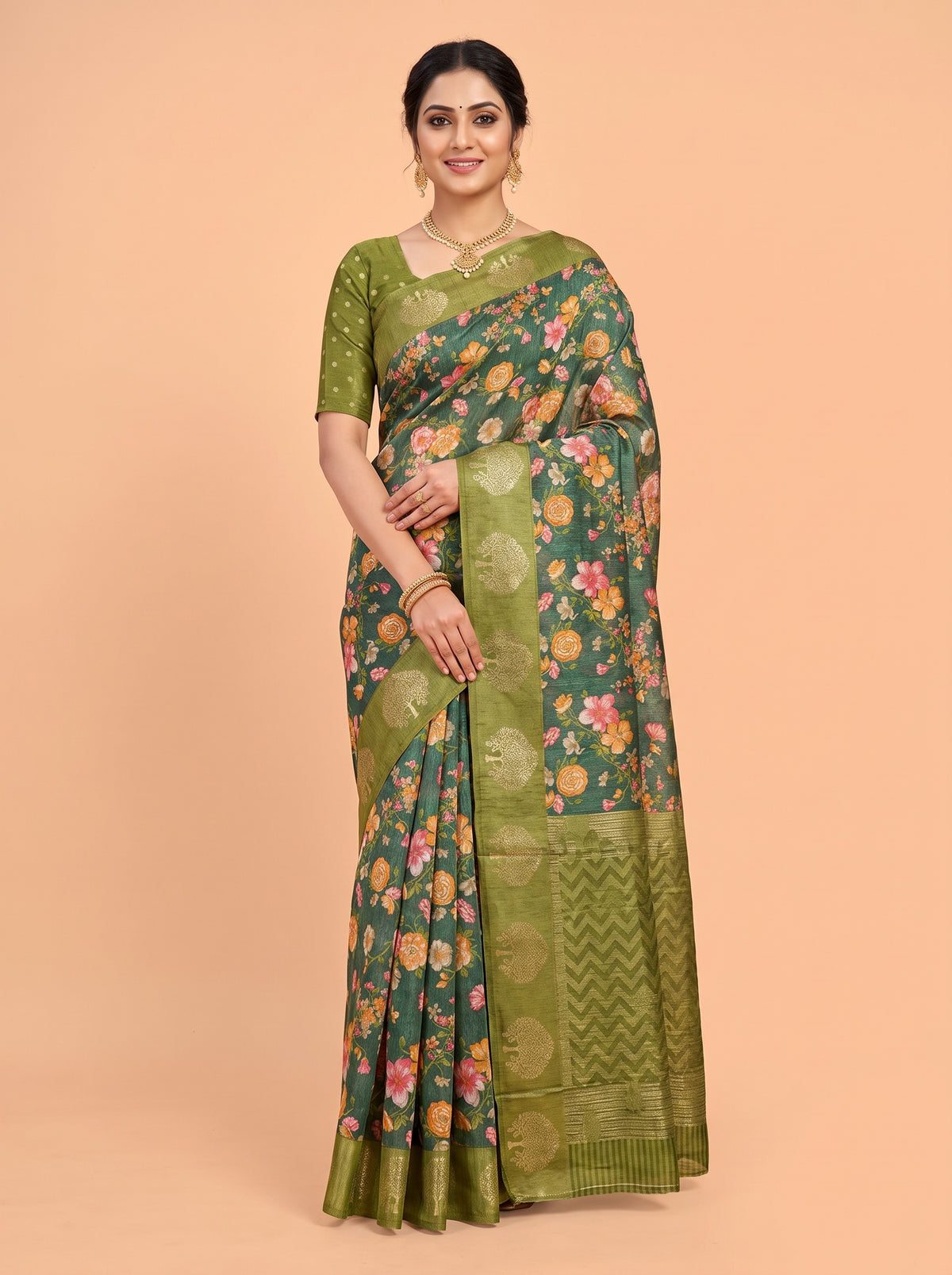 Bottle Green Tissue Crepe Fancy Saree with Floral Print and Metallic Border