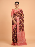 Brown Tissue Crepe Fancy Saree with Forest Landscape and Wildlife Print