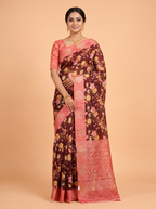 Maroon Tissue Crepe Fancy Saree with Multicolour Floral and Leaf Print