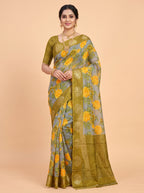 Grey Tissue Crepe Fancy Saree with Floral Print with Leaf Motifs