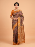 Grey Tissue Crepe Fancy Saree with Floral Print with Green Leaf Motif