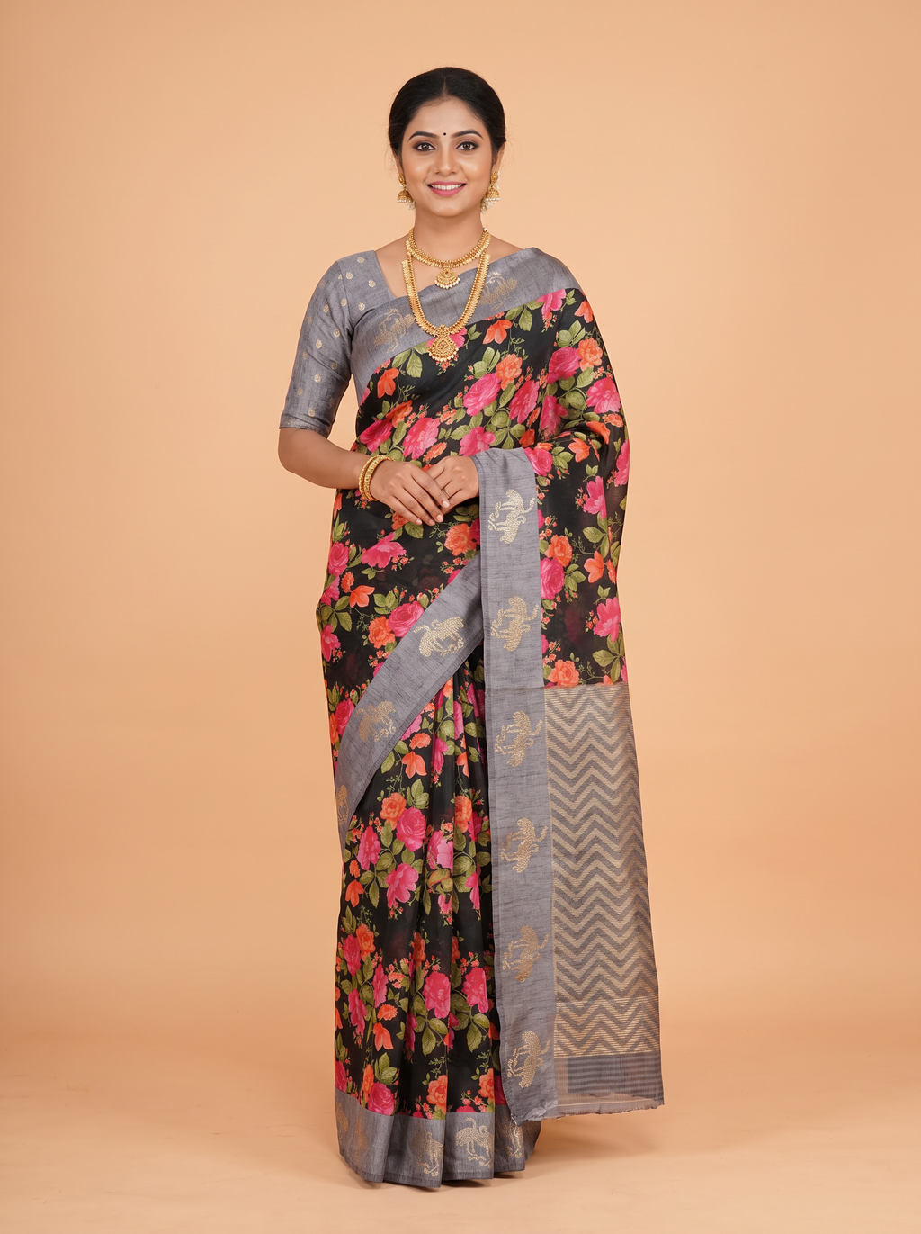 Black Tissue Crepe Fancy Saree with Jardim Floral Blossom Print