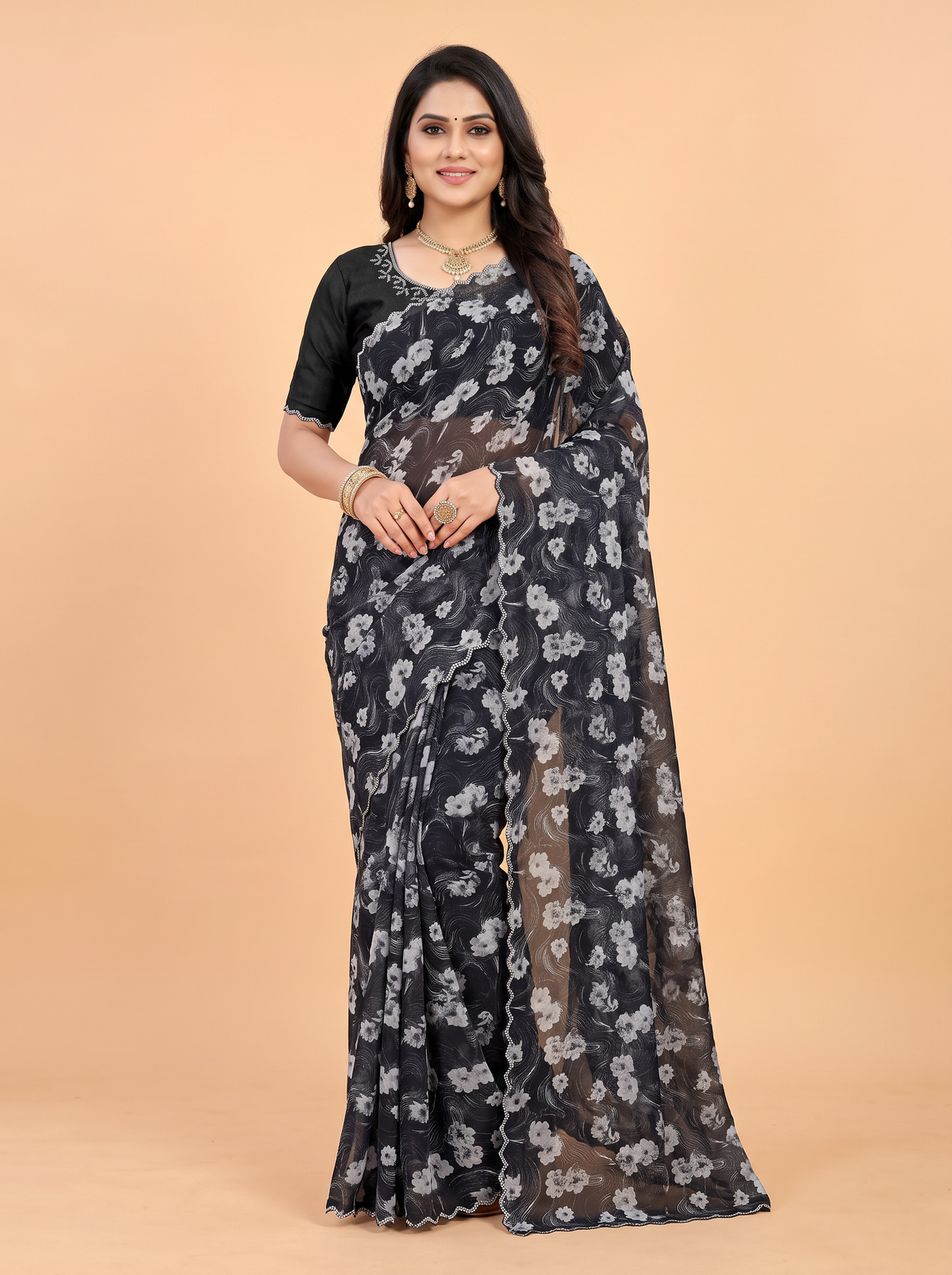 Black Satin Fancy Saree with Modern Ikat and Bold Leaf Print