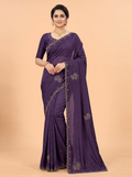 Dark Purple Satin Fancy Saree with Stone-Studded Border Design