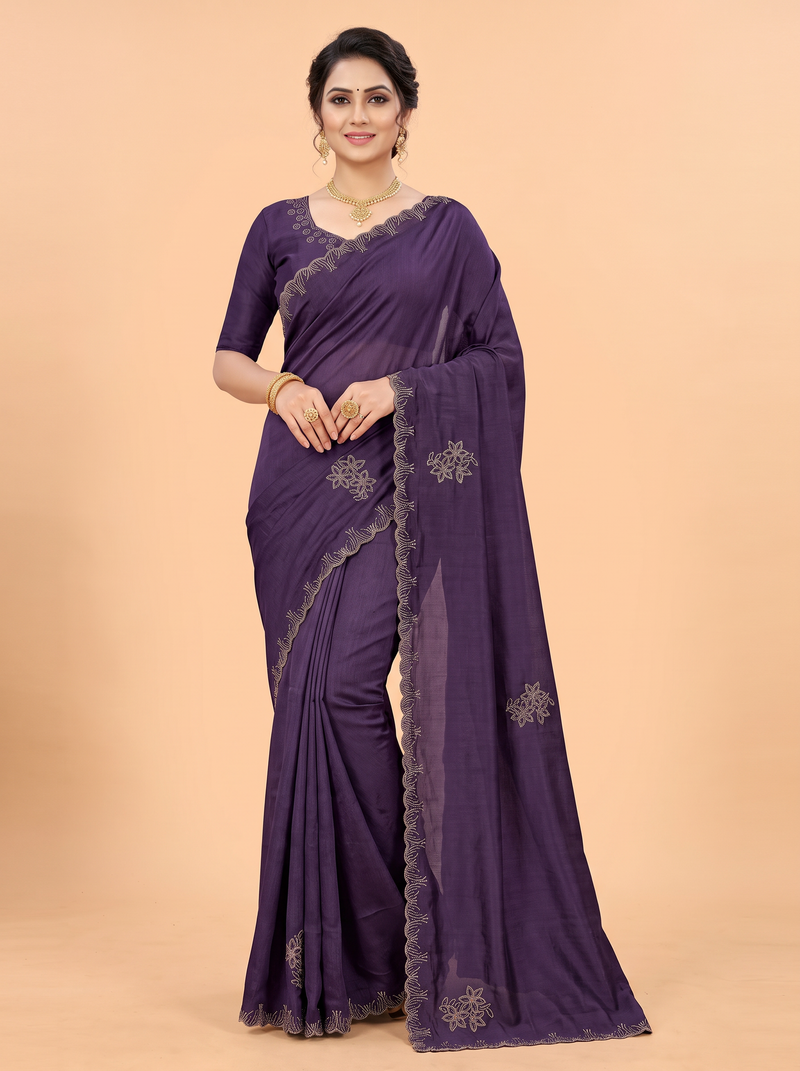 Dark Purple Satin Fancy Saree with Stone-Studded Border Design