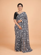 Black Satin Fancy Saree with Abstract Zebra and Wave Stripe Print