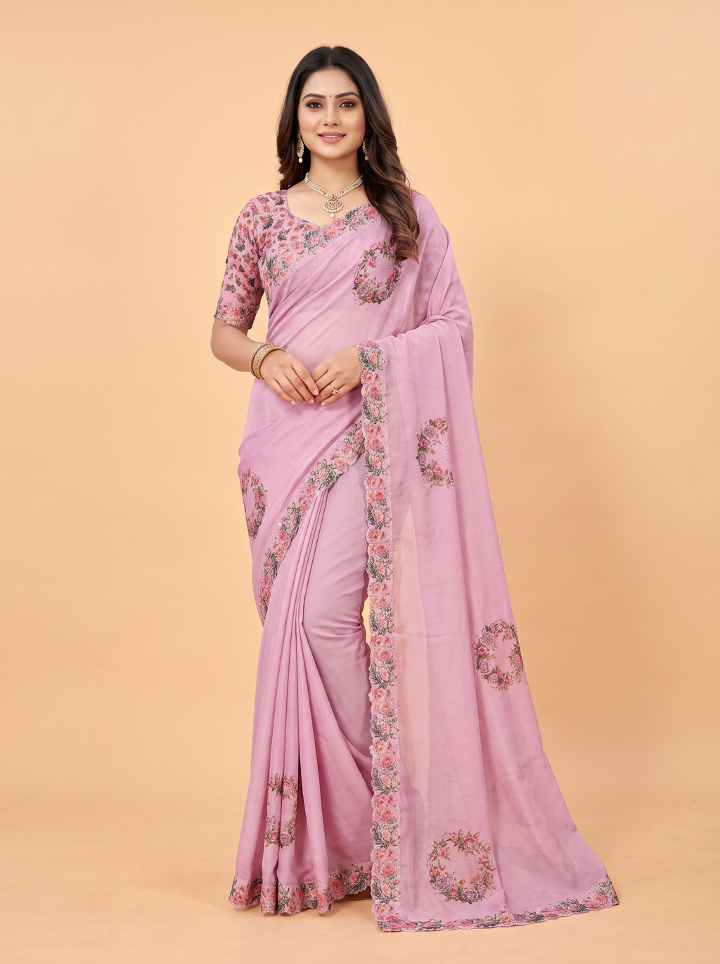 Purple Satin Fancy Saree with Floral Bouquet and Rose Print