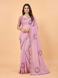 Purple Satin Fancy Saree with Floral Bouquet and Rose Print