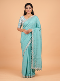 Sea Green Satin Fancy Saree with Stone-Studded Border Design