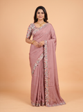 Rosewood Pink Satin Fancy Saree with Half-and-Half Floral Cutwork Border