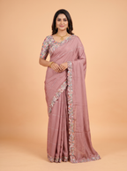 Rosewood Pink Satin Fancy Saree with Half-and-Half Floral Cutwork Border