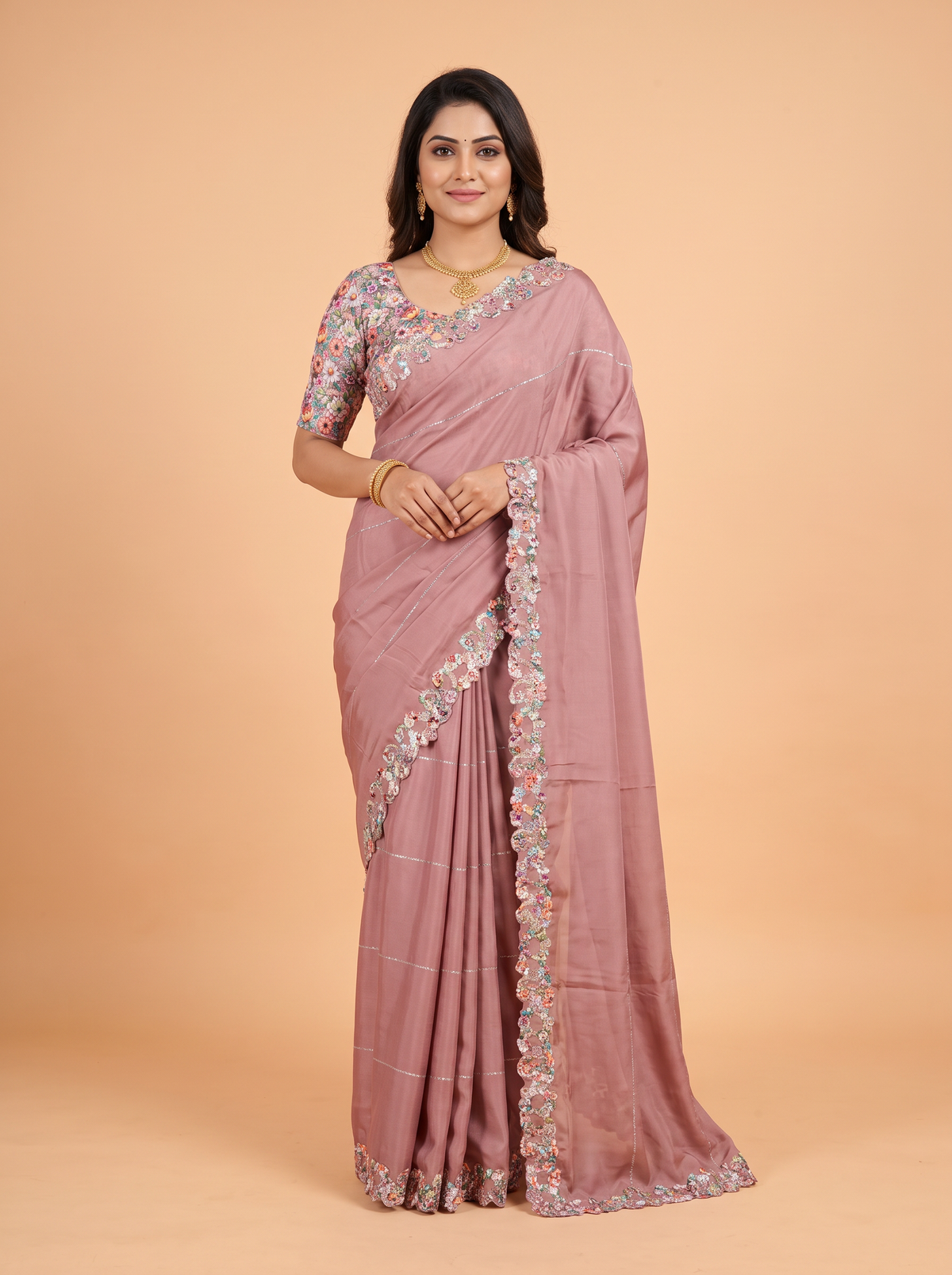 Rosewood Pink Satin Fancy Saree with Half-and-Half Floral Cutwork Border