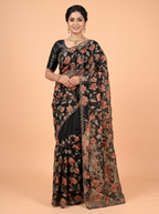 Black Satin Fancy Saree with Brasso Print with Metallic Floral Motifs